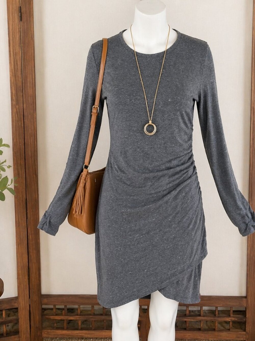 Grey Organic Cotton Ruched Long Sleeved Mini Dress